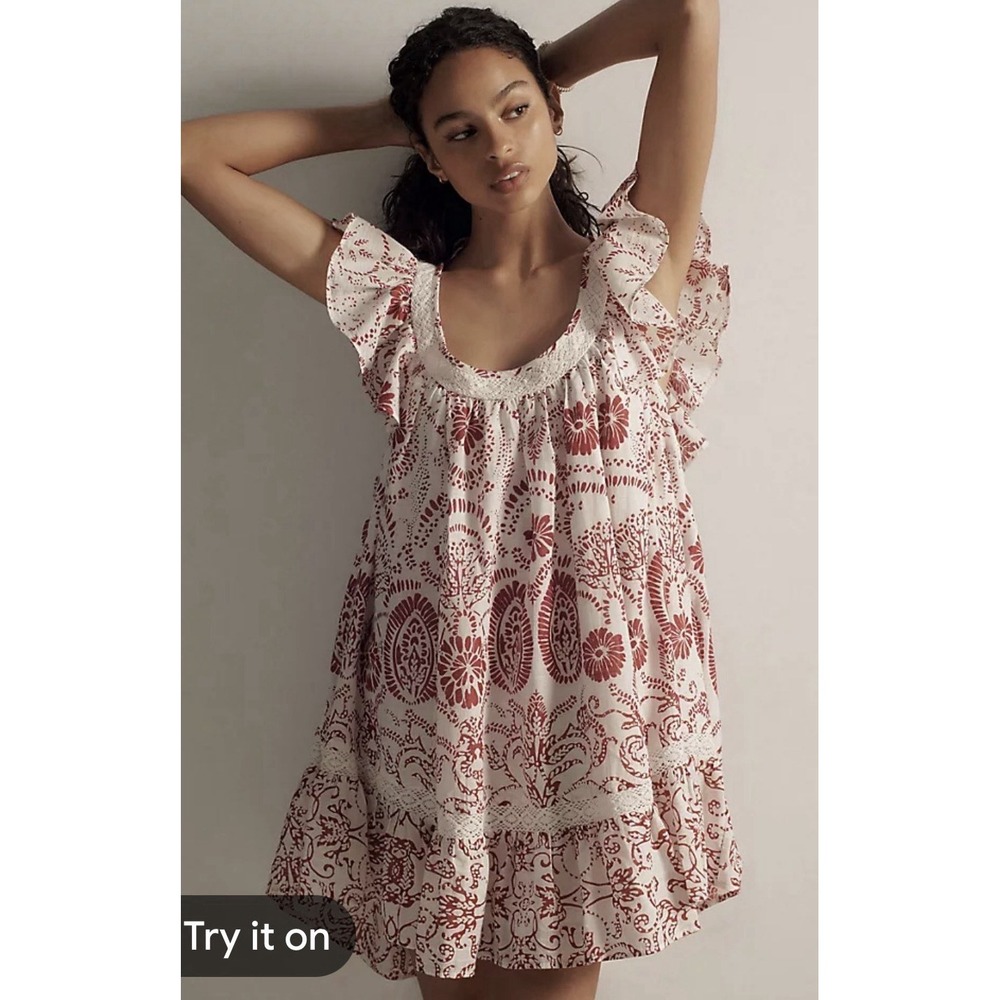Anthropologie Maeve Flutter-Sleeve Babydoll Mini Dress Sz S Pink Boho Summer